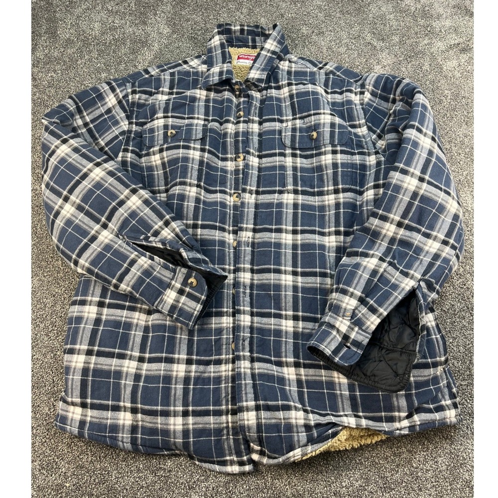Wrangler Blue Plaid‎ Sherpa Lined Flannel Shirt Jacket Men's Size Large